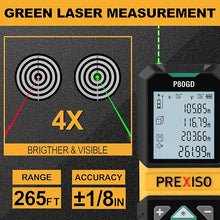 Load image into Gallery viewer, PREXISO Laser Measure Rechargeable, 265Ft Green Beam Laser Measurement Tool with Angle Sensor& 30 Sets Data Storage &1/4"-20 Threaded Hole - Ft/Ft+in/in/M Units - Pythagorean Mode, Area, Volume