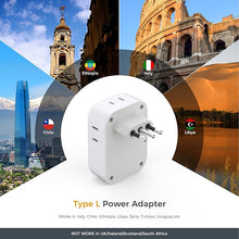 Load image into Gallery viewer, Italy Travel Plug Adapter 2 Pack, TESSAN Italy Power Adapter with 4 Outlets 3 USB Charger (1 USB C Port), Type L Adapter for US to Italy Chile Ethiopia Libya Syria Tunisia Uruguay