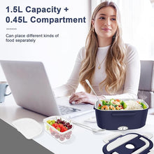 Load image into Gallery viewer, Electric Heated Lunch Boxes Adults: 80W Electric Lunch Box Food Heated 12/24/110V 1.5L Heatable Lunch Box for Car/Truck/Office Leak-Proof Stainless Steel Container, Fork & Spoon, Bag (Blue+White)