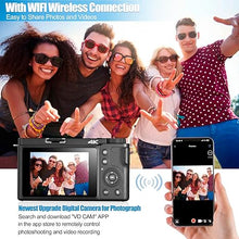 Load image into Gallery viewer, 4K Digital Camera for Photography and Video, 12X Optical Zoom 64MP Autofocus Anti-Shake Vlogging Camera for YouTube, Built-in Fill Light and Flash Travel Camera with 64GB SD Card,Battery (Black)