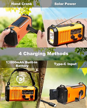 Load image into Gallery viewer, 13000mAh/48100mWh Emergency Weather Radio, 4 Way Powered AM/FM/NOAA Portable Solar Crank Radio, Dynamo Phone Charger,700LM LED Flashlight/Reading Lamp,SOS,Compass for Hurricane Storm Camping Survival