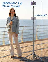 Load image into Gallery viewer, 75" Phone Tripod, Selfie Stick Tripod with Remote and Phone Holder, Extendable Tripod for iPhone, Aluminum Cell Phone Tripod Stand 360° Rotation Travel Tripod Compatible with iPhone Android, GoPro