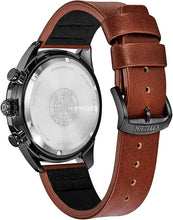 Load image into Gallery viewer, Citizen Men's Eco-Drive Weekender Chronograph Watch in Black IP Stainless Steel with Brown Leather strap, Black Dial (Model: AT2447-01E)