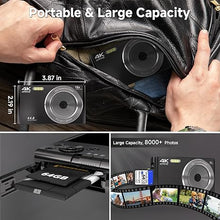 Load image into Gallery viewer, Black Digital Camera 2024 Upgrade 4K 44MP Digital Cameras for Teens, Digital Point and Shoot Camera for Kids with 16X Zoom, 64GB SD Card, Compact Small Camera for Boys Girls Teens Kids Gift