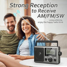Load image into Gallery viewer, Greadio Portable Shortwave Radio with Best Reception,AM FM Transistor,LCD Display,Time Setting,Battery Operated by 4 D Cell Batteries or AC Power,Big Speaker,Earphone Jack for Gift,Elder,Home