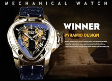 Load image into Gallery viewer, Winner Fashion Mechanical Wrist Watch Triangle Racing Dial, Waterproof Golden Skeleton Dial Automatic Movement Leather Design Mechanical Watch for Men