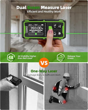 Load image into Gallery viewer, Huepar Dual Laser Measuring Tool, 393Ft Green-Beam Bilateral Digital Laser Distance Measure 6 Units Ft/in/M, Rechargeable Laser Measurement Tool -Backlit LCD Display, Length/Area/Volume/Angle Sensor
