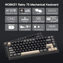 Load image into Gallery viewer, WOBKEY Rainy 75 CNC Aluminum HMX/JWK/Cocoa Switches Triple-Mode Connectivity Mechanical Keyboard with Superior Acoustics, No RGB/PP/Gradient Glass/3500mAh/Violet Switch (Lite - Black)
