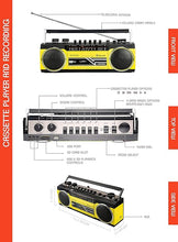 Load image into Gallery viewer, Riptunes Cassette Boombox, Retro Blueooth Boombox, Cassette Player and Recorder, AM/FM/SW-1-SW2 Radio-4-Band Radio, USB, and SD, Yellow