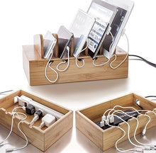 Load image into Gallery viewer, Prosumer's Choice Bamboo Charging Station Organizer - Multi-Device Docking Station with Removable Divider Slots - Tablet and Smartphones Rack and Cable Management Slots - 12.5Lx6.5Hx7.5W-Inch