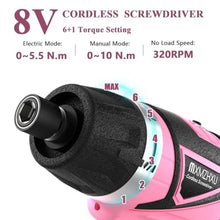 Load image into Gallery viewer, 8V Cordless Screwdriver,6+1 Torque Max 10Nm Electric Power Screwdriver with 47 Accessories,180Pivoting Handle, 2000mAh Rechargeable Screw Gun&Bit Set with LED Light, Flexible Shaft,for Home,Office, Pink_5743