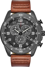 Load image into Gallery viewer, Citizen Men's Eco-Drive Weekender Chronograph Watch in Black IP Stainless Steel with Brown Leather strap, Black Dial (Model: AT2447-01E)
