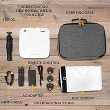 Load image into Gallery viewer, KODAK FLIK X10 Full HD Multimedia Projector Kit | 1080p Mini Compact Portable Home Theater System Bundle with 100” Projection Screen, Remote Control, Tripod Stand, HDMI Cable, Hooks & Carry Case
