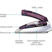 Load image into Gallery viewer, Rowenta Travel Iron, Pro Compact Stainless Steel Soleplate Hand Held Steamer Iron for Clothes, 200 Microsteam Holes, 1000 Watts Ironing, Fabric Steamer, Dual Voltage, Mini Iron, Purple, DA1560