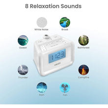 Load image into Gallery viewer, Homedics Dual Alarm Digital FM Clock Radio Time Projection, 8 Relaxing Nature Sounds, LED Display, Multi-Alarm Snooze, Sleep Timer, Nightlight, Ceiling Clock SoundSpa, White