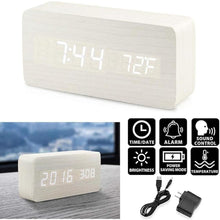 Load image into Gallery viewer, OCT17 Wooden Digital Alarm Clock, Multi-Function Smart Alarm Clock, LED Light Alarm Clock with USB Power Supply, Voice Control, Thermometer - White