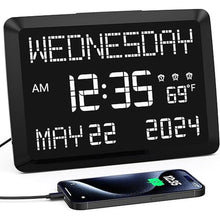 Load image into Gallery viewer, 11.5” Digital Wall Clock with Date,Time,Week,Indoor Temperature,3 Alarms,5 Dimmer,2 USB Chargers,Battery Backup,Snooze,12/24H for Elderly,Parents,Impaired Vision,Dementia,Memory Loss,Office,Bedroom