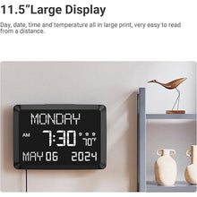 Load image into Gallery viewer, 11.5” Digital Wall Clock with Date,Time,Week,Indoor Temperature,3 Alarms,5 Dimmer,2 USB Chargers,Battery Backup,Snooze,12/24H for Elderly,Parents,Impaired Vision,Dementia,Memory Loss,Office,Bedroom