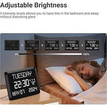 Load image into Gallery viewer, 11.5” Digital Wall Clock with Date,Time,Week,Indoor Temperature,3 Alarms,5 Dimmer,2 USB Chargers,Battery Backup,Snooze,12/24H for Elderly,Parents,Impaired Vision,Dementia,Memory Loss,Office,Bedroom