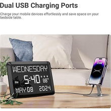 Load image into Gallery viewer, 11.5” Digital Wall Clock with Date,Time,Week,Indoor Temperature,3 Alarms,5 Dimmer,2 USB Chargers,Battery Backup,Snooze,12/24H for Elderly,Parents,Impaired Vision,Dementia,Memory Loss,Office,Bedroom