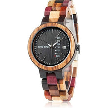 Load image into Gallery viewer, BOBO BIRD Wood Watches Colorful Wood WristWatches Week & Date Display Multifunction Handmade Quartz Watch Sport Chronograph Unique Wristwatch for Men Women