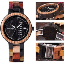Load image into Gallery viewer, BOBO BIRD Wood Watches Colorful Wood WristWatches Week & Date Display Multifunction Handmade Quartz Watch Sport Chronograph Unique Wristwatch for Men Women