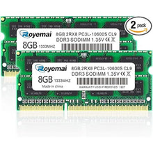 Load image into Gallery viewer, 16GB Kit (2x8GB) DDR3L/DDR3 10600S 1333MHz RAM, Royemai PC3L/PC3 10600 SODIMM 1.35V/1.5V CL9 2Rx8 Notebook Laptop Computer Memory Module