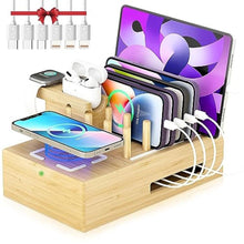 Load image into Gallery viewer, Bamboo Wireless Charging Station for Multiple Devices - Wood Docking Station Organizer, Qi Certified Fast Wireless Charger, 7 USB Charging Ports for Cellphone, Smart Watch, Earbuds, Tablet