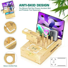 Load image into Gallery viewer, Bamboo Wireless Charging Station for Multiple Devices - Wood Docking Station Organizer, Qi Certified Fast Wireless Charger, 7 USB Charging Ports for Cellphone, Smart Watch, Earbuds, Tablet