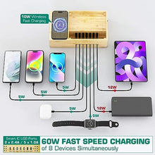 Load image into Gallery viewer, Bamboo Wireless Charging Station for Multiple Devices - Wood Docking Station Organizer, Qi Certified Fast Wireless Charger, 7 USB Charging Ports for Cellphone, Smart Watch, Earbuds, Tablet