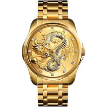 Load image into Gallery viewer, Men Luxury Gold Chinese Dragon Carved Dial Diamond Quartz Watch Casual Waterproof Sport Stainless Steel Wristwatch