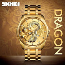 Load image into Gallery viewer, Men Luxury Gold Chinese Dragon Carved Dial Diamond Quartz Watch Casual Waterproof Sport Stainless Steel Wristwatch