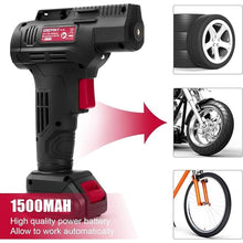 Load image into Gallery viewer, Eastvolt 12V Tire Inflator Air Compressor, Multi-Purpose Electric Power, Max 150PSI with 4-Unit Measurement Gauge, 3 Nozzles, Fast Charger and 1.5 Ah Rechargeable Battery