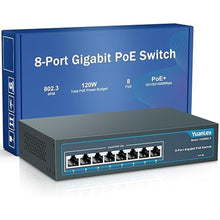 Load image into Gallery viewer, YuanLey 8 Port Gigabit PoE Switch, 8 PoE+ Ports 1000Mbps, 120W 802.3af/at, Metal Fanless Unmanaged Plug and Play