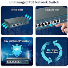 Load image into Gallery viewer, YuanLey 8 Port Gigabit PoE Switch, 8 PoE+ Ports 1000Mbps, 120W 802.3af/at, Metal Fanless Unmanaged Plug and Play