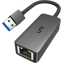 Load image into Gallery viewer, uni USB to Ethernet Adapter, Driver Free USB 3.0 to Gigabit Ethernet LAN Network Adapter, 100/1000 Mbps RJ45 Internet Adapter Compatible with Laptop, MacBook, Surface, PC with Windows, XP, Mac/Linux