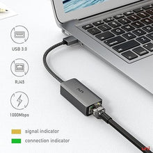 Load image into Gallery viewer, uni USB to Ethernet Adapter, Driver Free USB 3.0 to Gigabit Ethernet LAN Network Adapter, 100/1000 Mbps RJ45 Internet Adapter Compatible with Laptop, MacBook, Surface, PC with Windows, XP, Mac/Linux