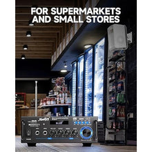 Load image into Gallery viewer, Moukey 2.0 Channel Stereo Bluetooth 5.0 Karaoke Amplifier, 300W Audio Stereo Receiver with RCA, USB, SD, 2 Mic Inputs, FM Radio, MAMP3