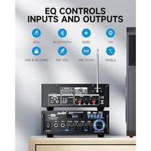 Load image into Gallery viewer, Moukey 2.0 Channel Stereo Bluetooth 5.0 Karaoke Amplifier, 300W Audio Stereo Receiver with RCA, USB, SD, 2 Mic Inputs, FM Radio, MAMP3