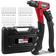 Load image into Gallery viewer, NEU MASTER Rivet Gun with 200Pcs Rivets, Manual Rivet Gun Kit with 4 Tool-Free Interchangeable Rivet Heads, BMC Case, Heavy Duty Single Hand Riveter for Plastic, Metal, Leather