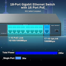 Load image into Gallery viewer, YuanLey 16 Port Gigabit PoE Switch with 2 Gigabit Uplink, 16 PoE+ Port 1000Mbps, 250W 802.3af/at, Metal Desktop/Rackmount, Unmanaged Plug and Play Network Switch