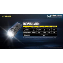 Load image into Gallery viewer, Nitecore T4K Keychain EDC Flashlight, 4000 Lumen LED Super Bright and USB-C Rechargeable with LumenTac Organizer