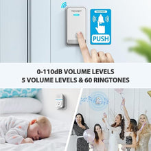 Load image into Gallery viewer, TECKNET Wireless Doorbell, Self-Powered Doorbell, 0-110db Plug-through Wireless Doorbell Ringer for Homes Classroom, IP66 Waterproof 1300ft Door Chime with Extra Socket, 60 Chimes, LED Light (White)