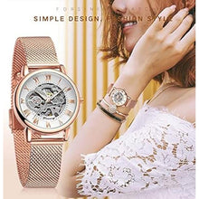 Load image into Gallery viewer, FORSINING New Women Fashion Skeleton Wristwatch Lady Casual Waterproof Self-Wind Mechanical Watch with Stainless Steel Mesh Band