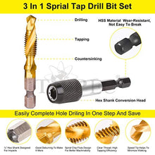 Load image into Gallery viewer, TOPEC Tap Bit Set, 3-in-1 HSS Titanium Coated Drill Tap Combination, 13 PCS SAE/Metric Threading tap Drill bit Set with 1/4 Inch Hex Shank, and Quick-Change Adapter