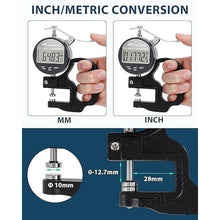 Load image into Gallery viewer, Digital Thickness Gauge 0.001mm/0.00005" | 0-12.7mm/0.5" Electronic Micrometer Thickness Meter with LCD Display, Unit Conversion, Storage Case, Extra Battery