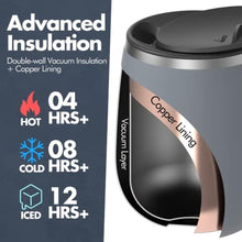 Load image into Gallery viewer, GRANDTIES Insulated Coffee Mug with Handle - Sliding Lid for Splash-Proof 16 oz Wine Glass Shape Thermal Tumbler with Double Walled Vacuum Stainless Steel to Keeps Beverages Hot or Cold - Stone Grey
