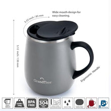 Load image into Gallery viewer, GRANDTIES Insulated Coffee Mug with Handle - Sliding Lid for Splash-Proof 16 oz Wine Glass Shape Thermal Tumbler with Double Walled Vacuum Stainless Steel to Keeps Beverages Hot or Cold - Stone Grey