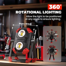 Load image into Gallery viewer, Yzoni 2 Pack LED Work Light Rechargeable, 2 COB 2500LM Folding Portable Flood Light with Magnetic Base and 360° Rotation Stand, Spotlights for Camping Car Repairing Emergency Job Site Lighting