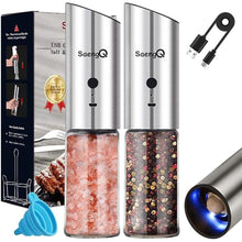Load image into Gallery viewer, Gravity Electric Salt and Pepper Grinder Set of 2,USB Rechargeable Kitchen Electric Pepper Mill with Adjustable Grinder and LED Light,Tall Glass Salt and Pepper Grinders Refillable